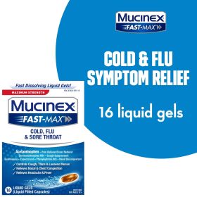 Mucinex Fast-Max Cold, Flu, & Sore Throat Relief Medicine, OTC Cough Suppressant, 16 Liquid Gels