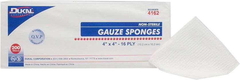 Dukal Woven Gauze Pads 4" x 4". Pack of 200 Сotton Sponges 16-ply. Non-Sterile; 100% Cotton Gauze Dressing Pads for Wound Dressing; Cleaning; Prepping